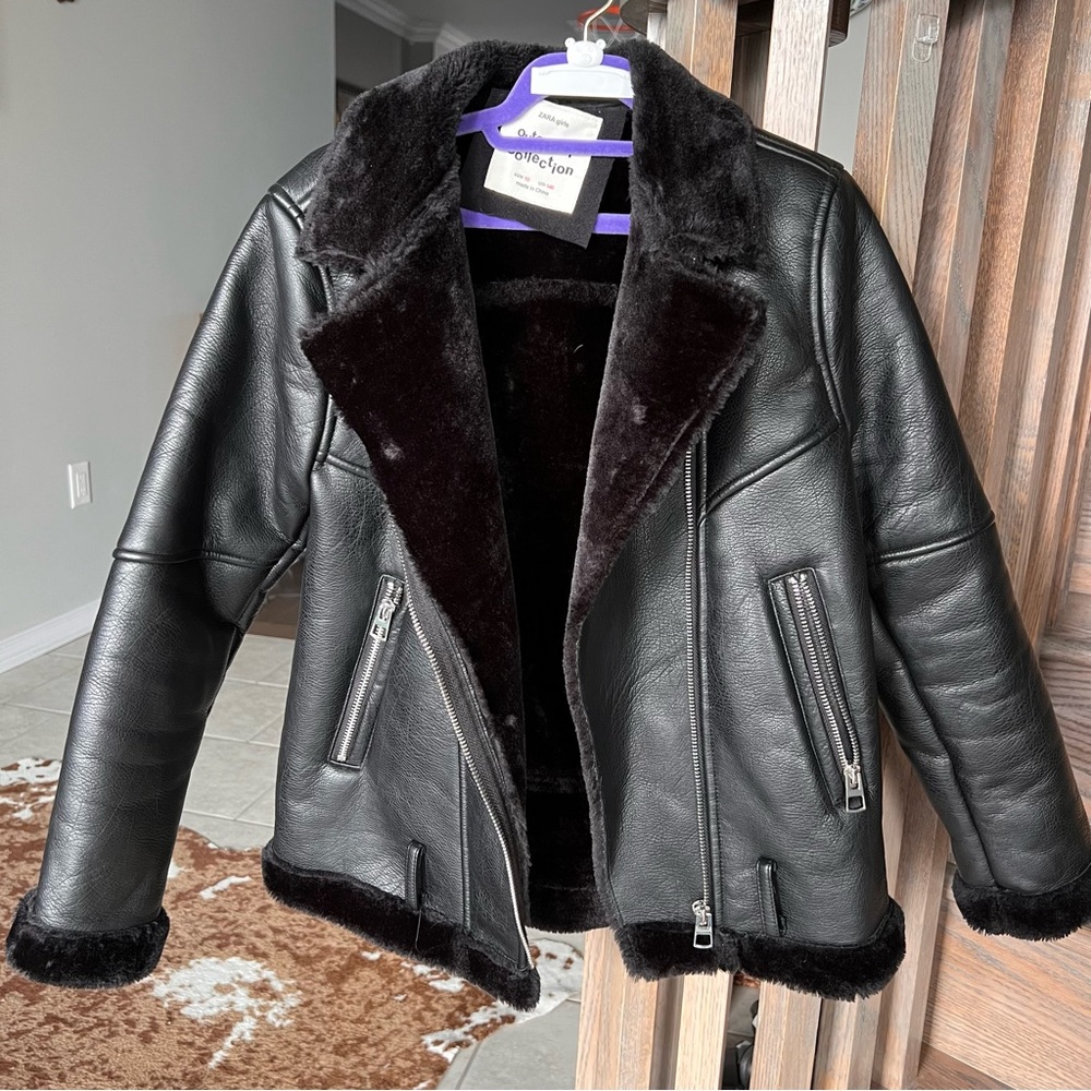 Zara Black Leather Jacket with Faux Fur Trim